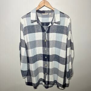 Soft Surroundings Tunic Button Blue Plaid Zip Back Linen Rayon Fall Casual 2X